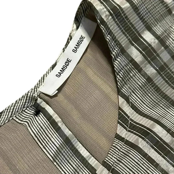 SAMSOE SAMSOE Gold Check Stripe 3/4 Puff Sleeve Celestine Back Button Dress - Picture 6 of 7